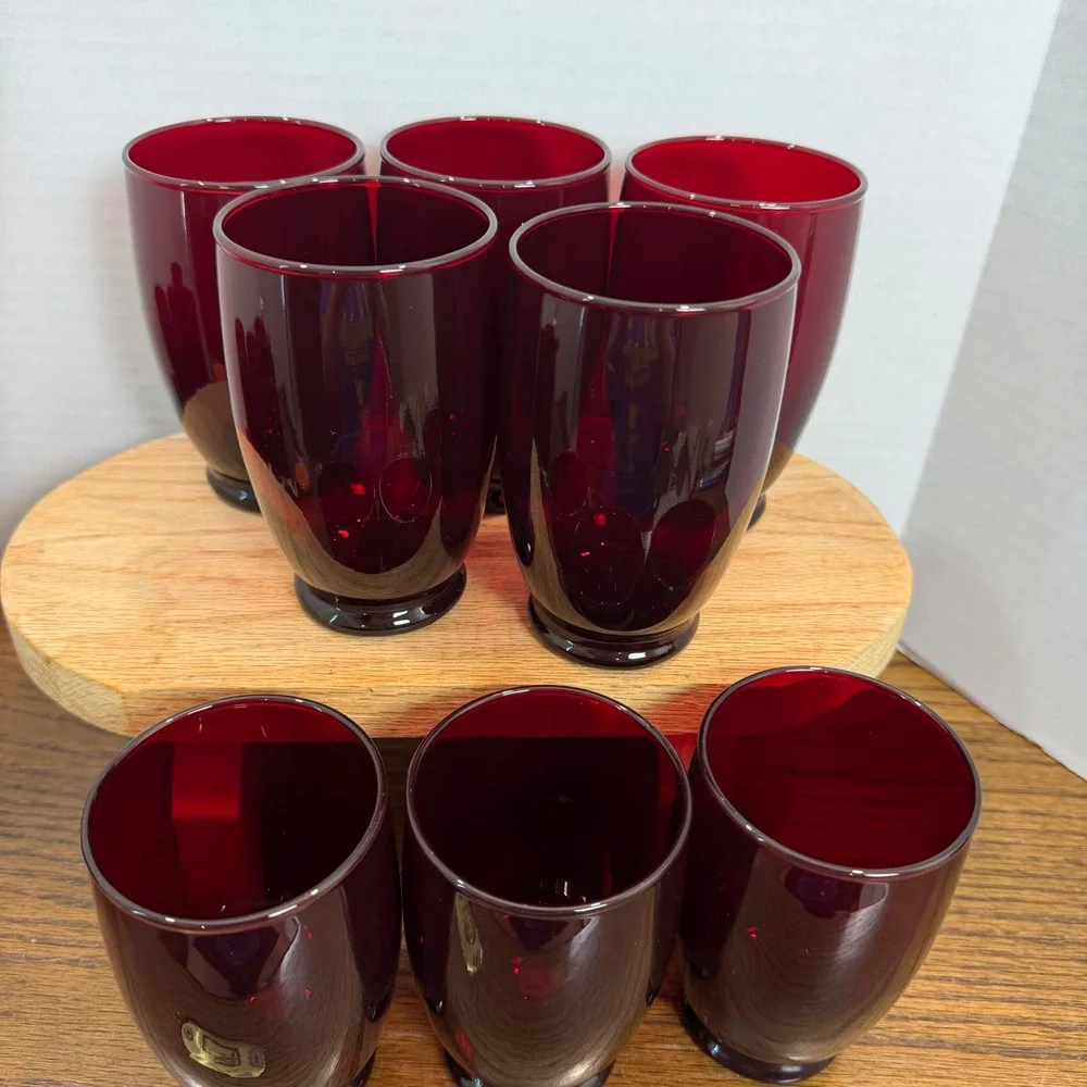 Vintage Anchor Hocking Baltic Royal‎ Ruby Red Tumblers Set Footed Drinking Glass